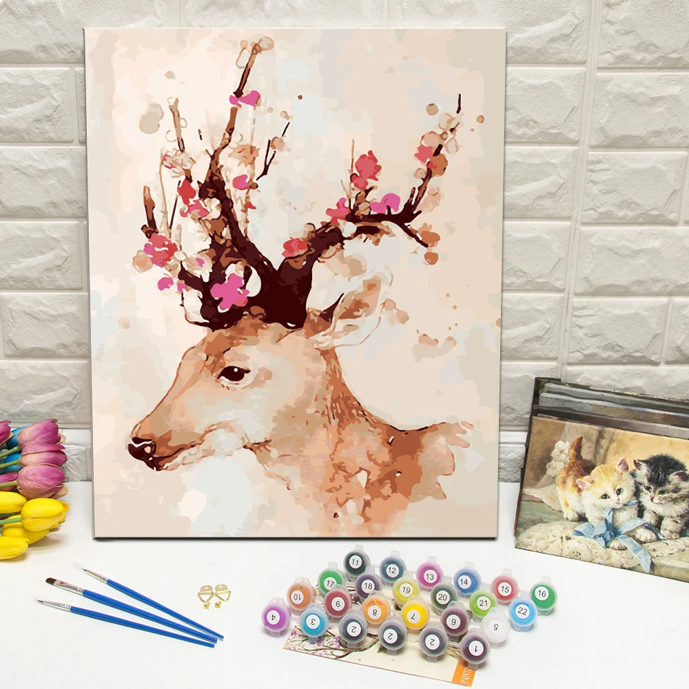 

Framed Deer Animal Oil Painting by Number Hand Painted Canvas Wall Art For Living Room Decoration Wall Art 40x50cm Unique Gift