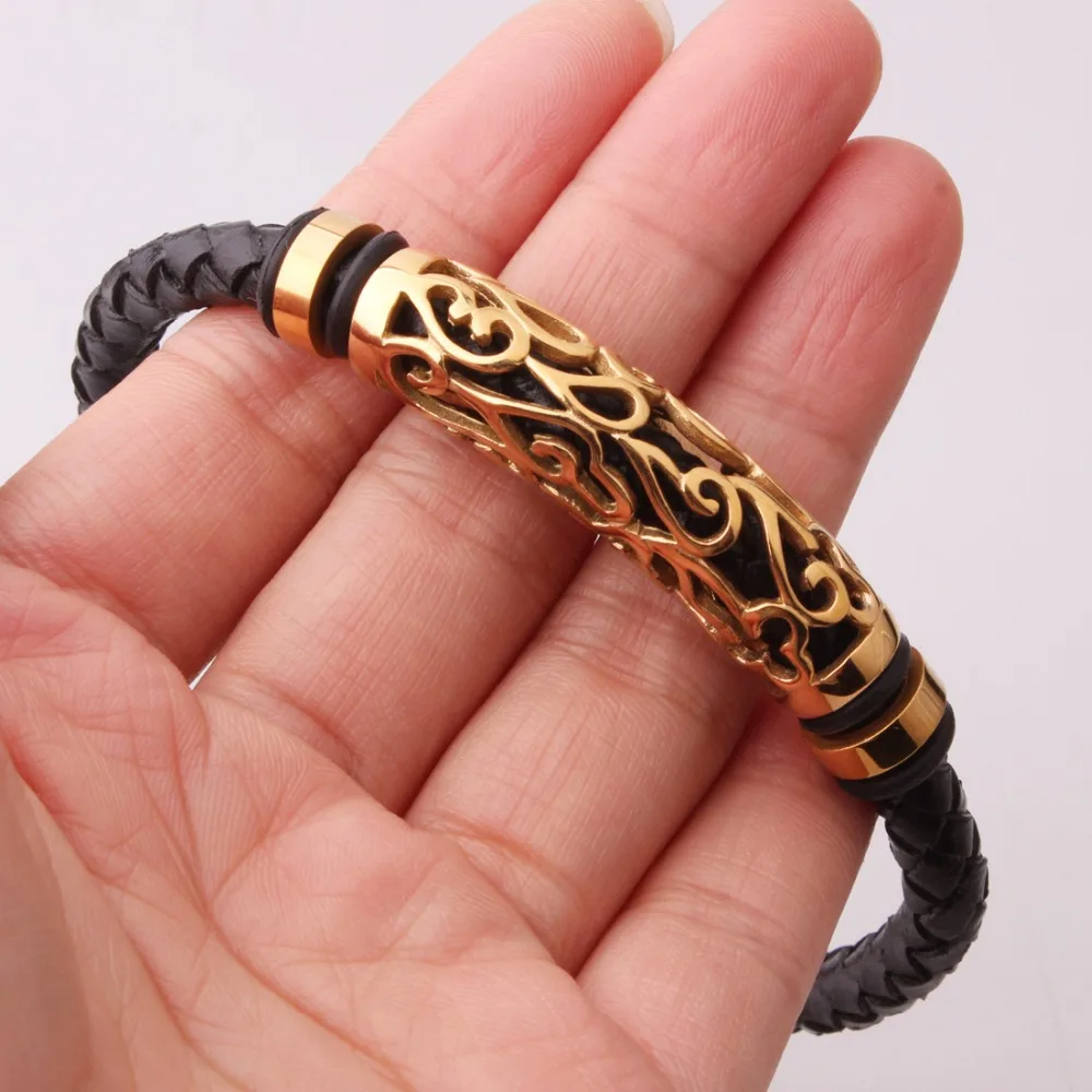 Панк золото полые байкерские ювелирные изделия из нержавеющей стали и подлинный веревочный кожаный бласлет и браслет мужские Uniseexs ювелирные изделия Хип-хоп 8,2" Горячая
