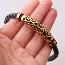 Панк золото полые байкерские ювелирные изделия из нержавеющей стали и подлинный веревочный кожаный бласлет и браслет мужские Uniseexs ювелирные изделия Хип-хоп 8,2" Горячая