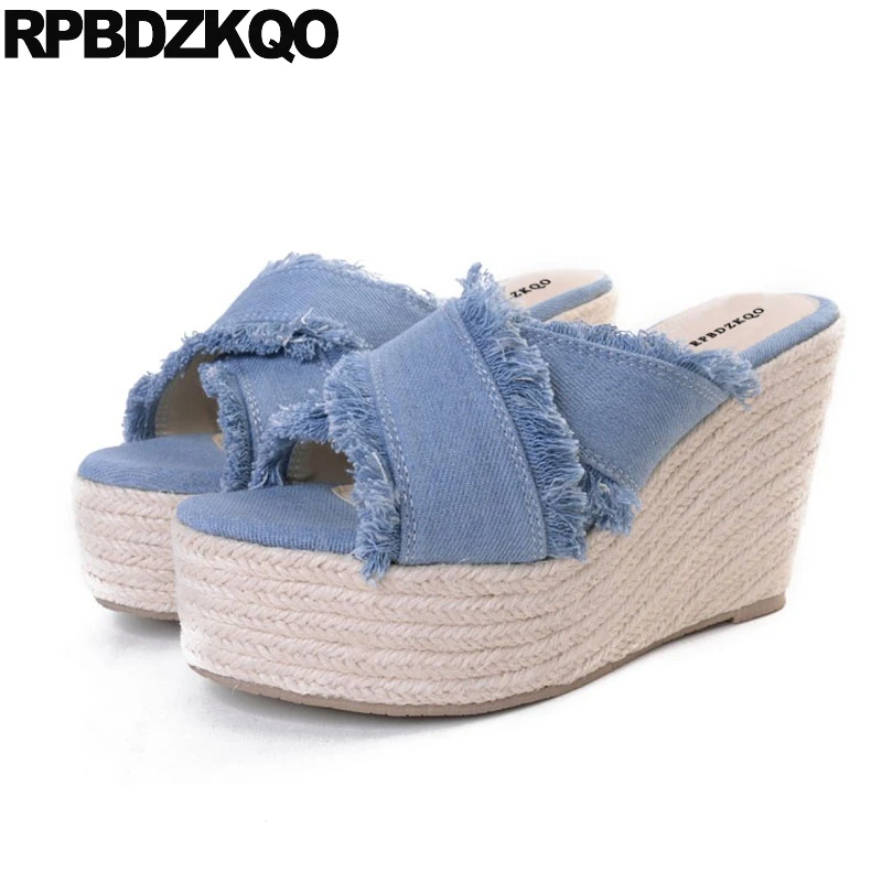 

Sexy Fetish High Heels Blue Denim Women Wedge Platform Sandals Slides Jeans Fringe Pumps Rope Slippers Shoes Espadrilles Extreme