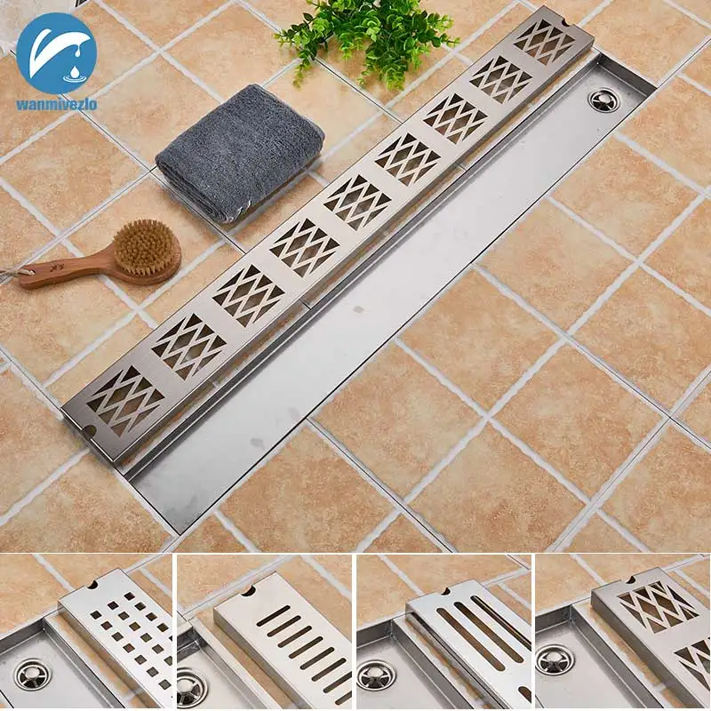 

Brushed Nickel Floor Waste Drain Bathroom Grates Shower Drain 304 Stainless Steel Large Flow Drainer Long Strip Floor Drain