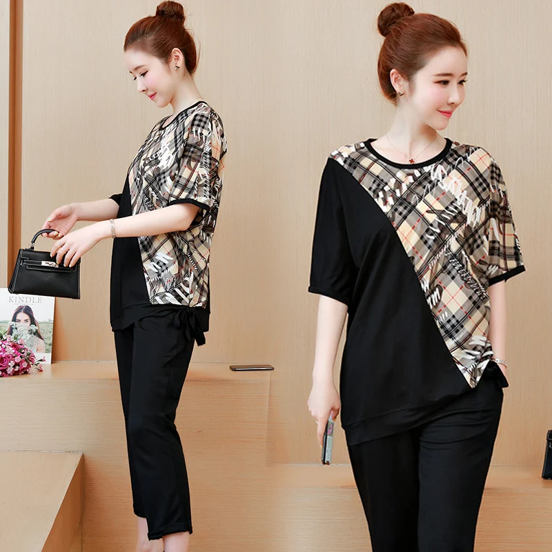 

Women Plus Size Big 3XL 4XL 5XL Outfits 2019 Summer Two Piece Set Pant Suits and Top Tracksuit Co-ord Set Print Black Clothing