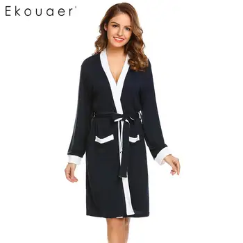 

Ekouaer Kimono Bathrobe Women Robe Nightwear Long Sleeve Patchwork Sleepwear Bathroom Spa Robes Female Homewear Autumn Winter