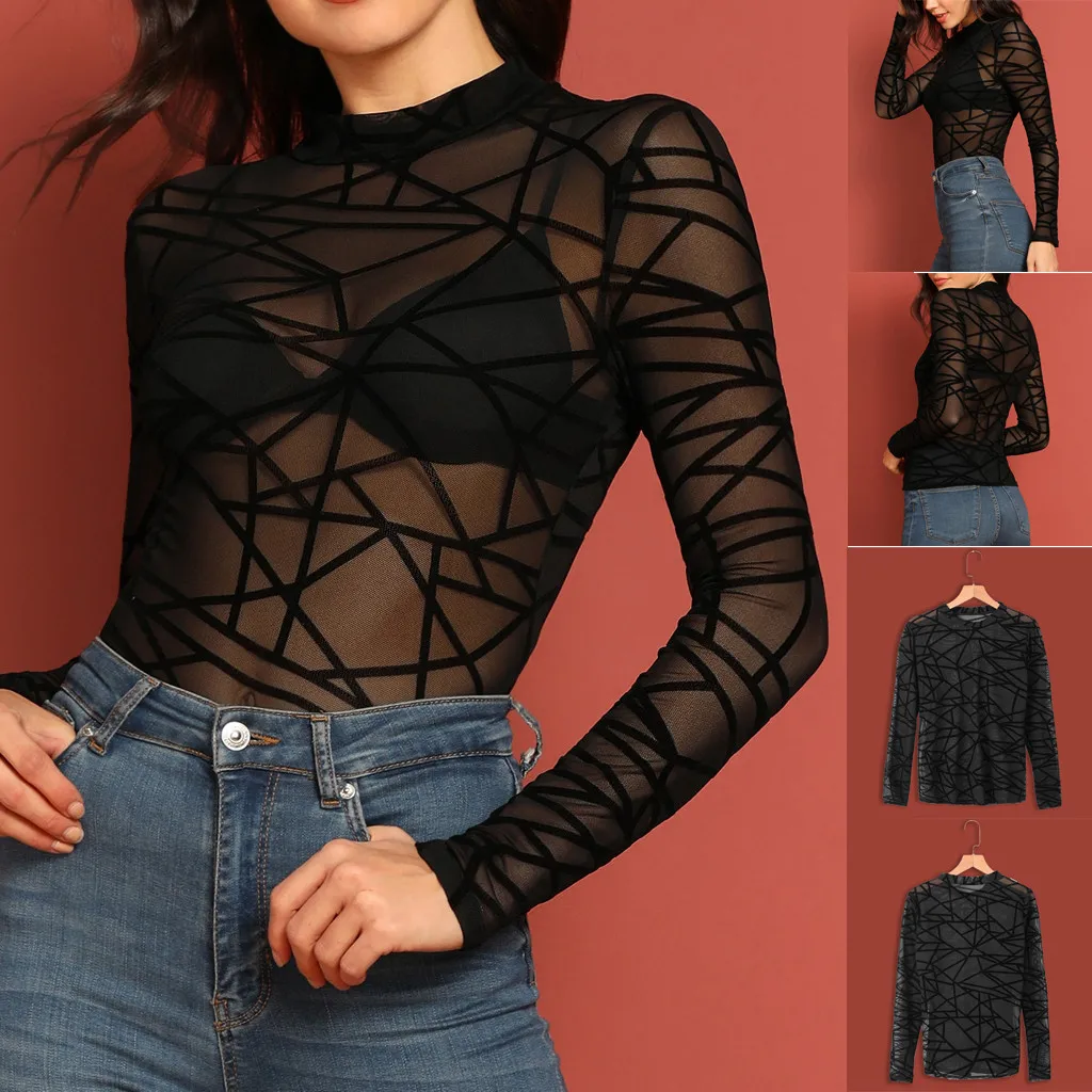 Women Sexy Mesh Net See Through T Shirt O-Neck Long Sleeve Hollow Transparent Undershirt Base Top 