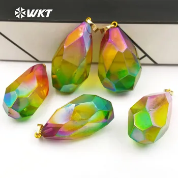 

WT-P1383 Wholesale Natural crystal quartz pendants with rainbow color eletroplated water drop faceted shape women jewelry