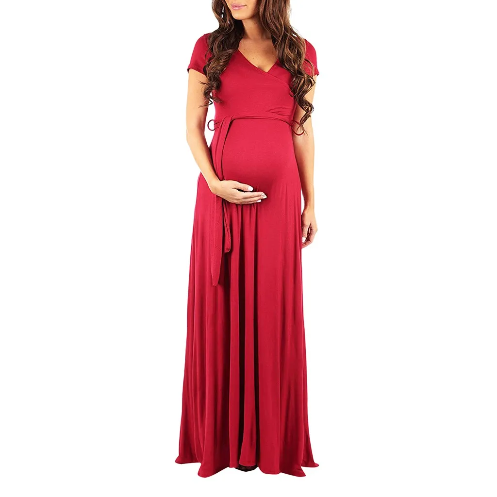 Летнее вечернее платье для беременных женщин; женская одежда для беременных с v-образным вырезом и короткими рукавами; однотонное летнее платье для беременных