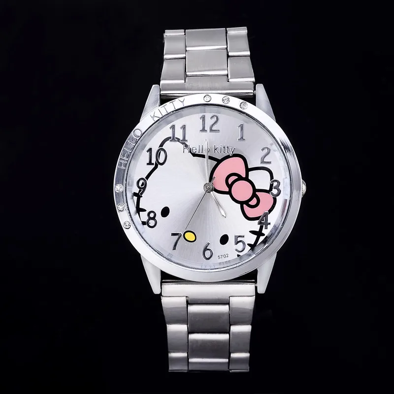 HelloKitty часы Женское платье часы рисунок «Hello Kitty» мультфильм часы Нержавеющая сталь часы Для женщин со стразами часы Дети reloj mujer