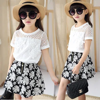 

Girls Clothing White Lace Hollow T-Shirt + Flower Girl Skirts Two Piece Suit Cute Princess Wedding Party Clothes Sets 3-14 Ages