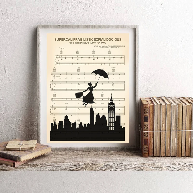 

Happy Man Silhouette Supercalifragilisticexpialidocious Sheet Music Wall Art Print Canvas Painting Pictures for Living Room