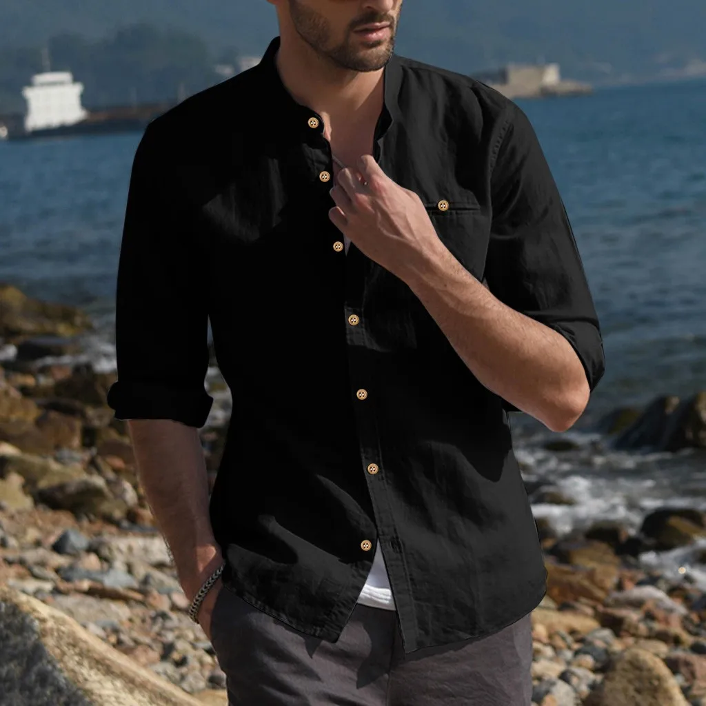 

Summer Casual Men Shirt Men Baggy Cotton Linen Solid Three Quarter Button Pocket Retro Shirts Tops Men Shirt Short Sleeve