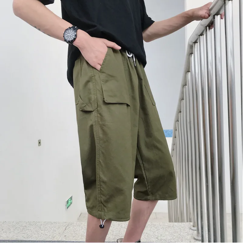 

Summer New Pants Men Fashion Solid Color Straight Casual Cropped Pants Man Streetwear Trend Wild Hip Hop Loose Overalls M-5XL