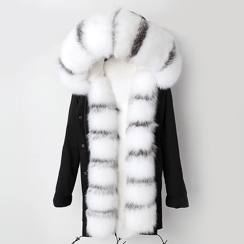 

2019 Long Parka Natural Real White Silver Fox Fur Collar Hood Rex Rabbit Fur Liner Parkas Detachable Outerwear 3 In 1 New Casual