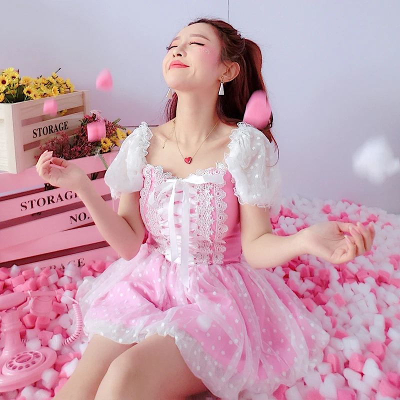 Summer New Pink Sweet Princess Ribbon Bow Slim Chiffon Pretty Doll