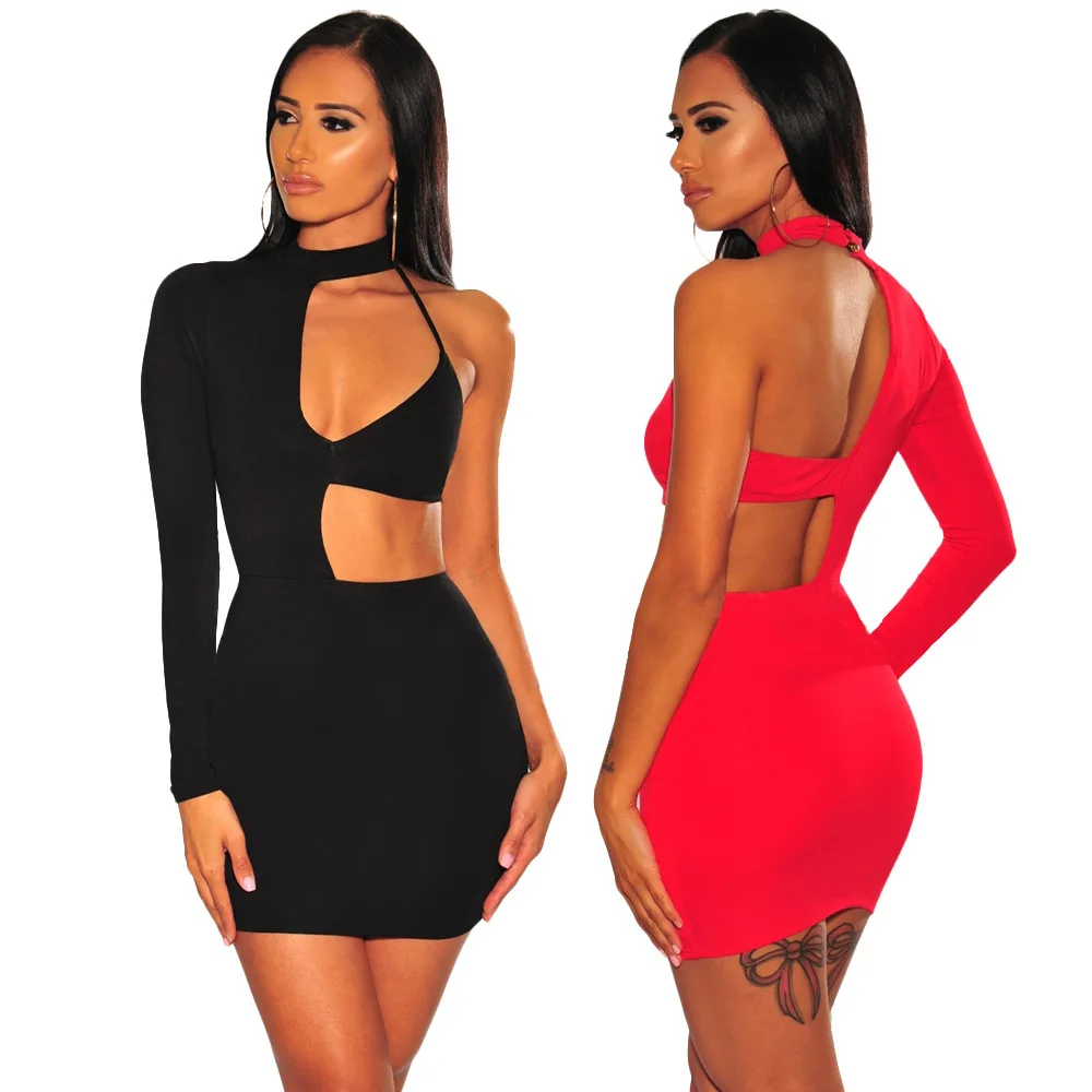 

Europe and America Solid Color Sexy Irregular Hollow Long Sleeve Dress Women's Clothing