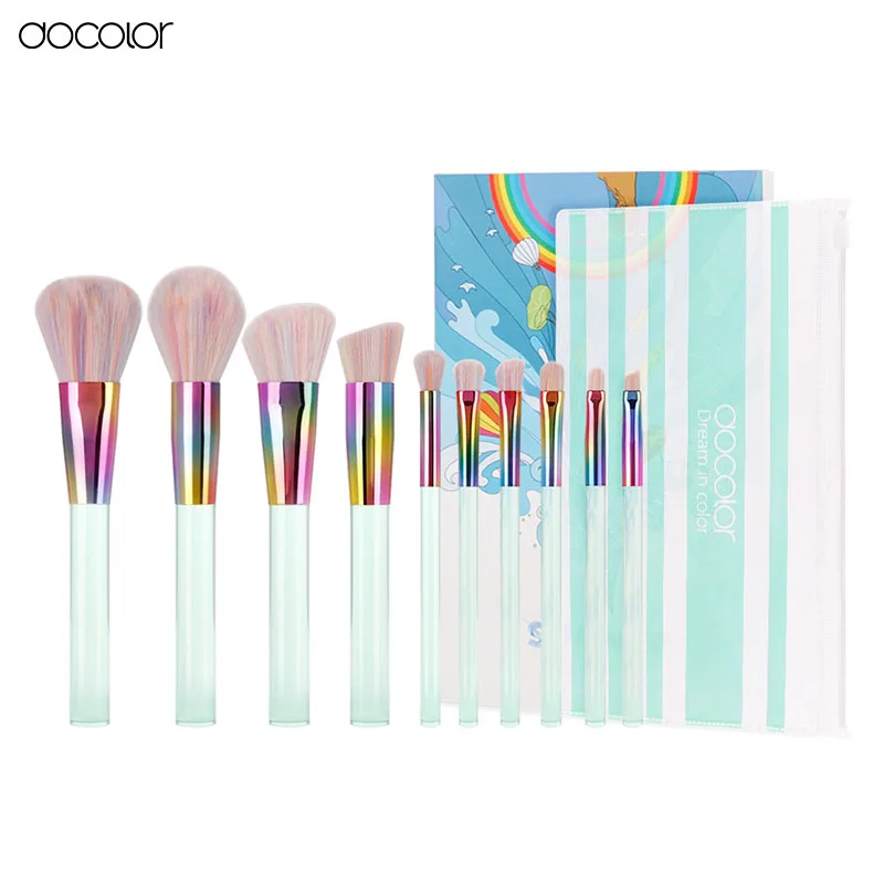 

Docolor 10pcs Summer Cool Series Makeup Brushes Set Colorful Bristle And Light Green Transparent Handles Makeup Brushes Kits