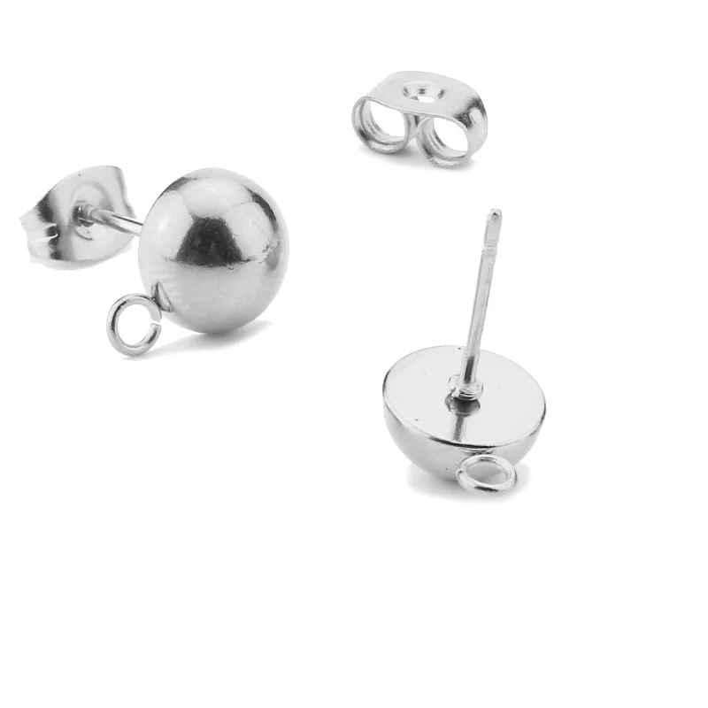 

20pcs Stainless Steel Solid 6mm/8mm Half Ball Shape Stud Base Earring Connector with Open Ring For Handmade Earrings Making