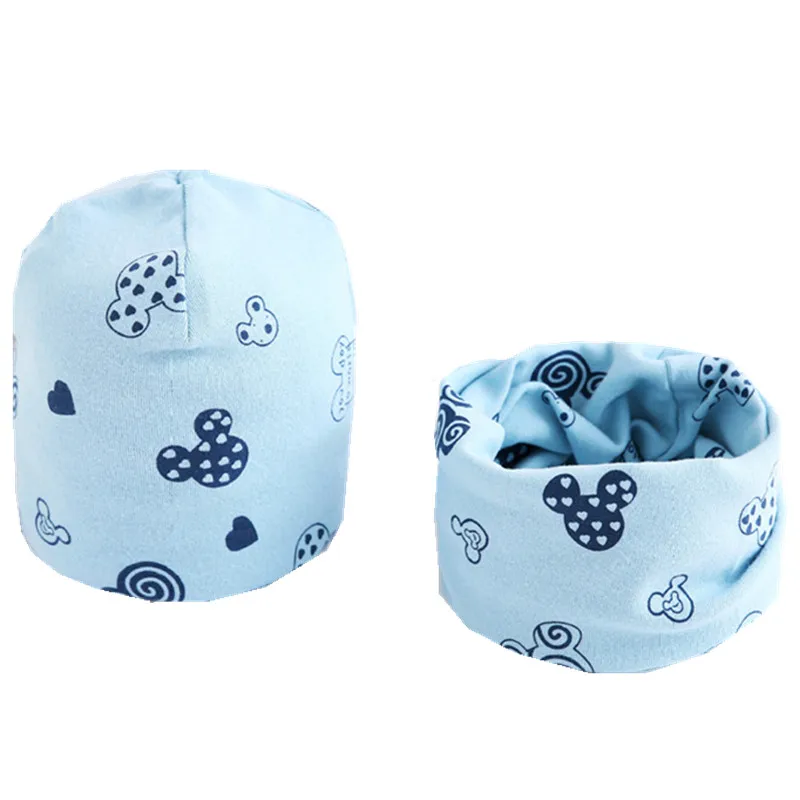 blue mouse hat scarf Новые Хлопковые плюшевые шапки для девочек с шарфом Фрукты Сова-овца Звезды Львиная шапочка для мальчиков Детская шапка с шарфом и воротником Комплект хлопчатобумажной шапки для детей - Цвет: blue mouse hat scarf