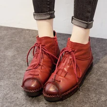 2017 Handmade Ankle Boots Flat Boots Real Genuine Leather Shoes Botines Mujer Women Shoes Retro Boots shangmsh floral ankle boots for women winter genuine leather women s boots retro handmade comforable shoes footwear large size