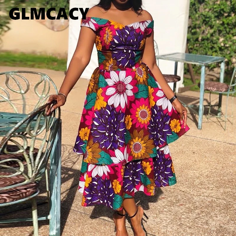 

Women Flora Printed Off The Shoulder Cascading Ruffle Bodycon Party Dress Streetwear Mid-Calf Plus Size Elegant Dress