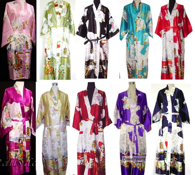 Women 10Color sexy kimono robe gown Chinese silk rayon lingerie long sleepwear printed fairy pajama size