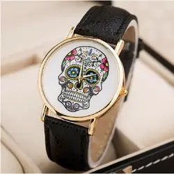 Топ череп женские часы мексиканской Катрина цветами Крест искусственная кожа наручные часы для девочек Модные Винтажные повседневные