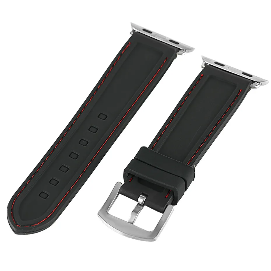 

42/38mm Military Sport Waterproof Watch Strap Soft Black Silicone White/Red Line Stitching Band For iWatch Apple Watch