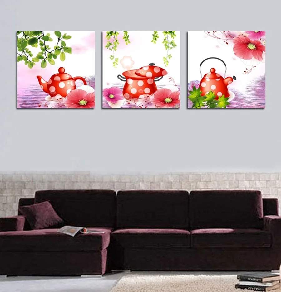 

AtFipan 3 Pieces Kettle Canvas Painting Print Flowers Wall Art Landscape Picture Home Decor For Living Room Artwork Unframed