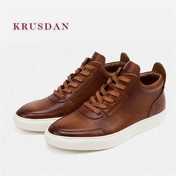 

KRUSDAN Brand Men Shoes Military Cowboy Ankle Boots Brown Genuine Leather Casual Sneakers Men Retro Style Walking Handmade Flats