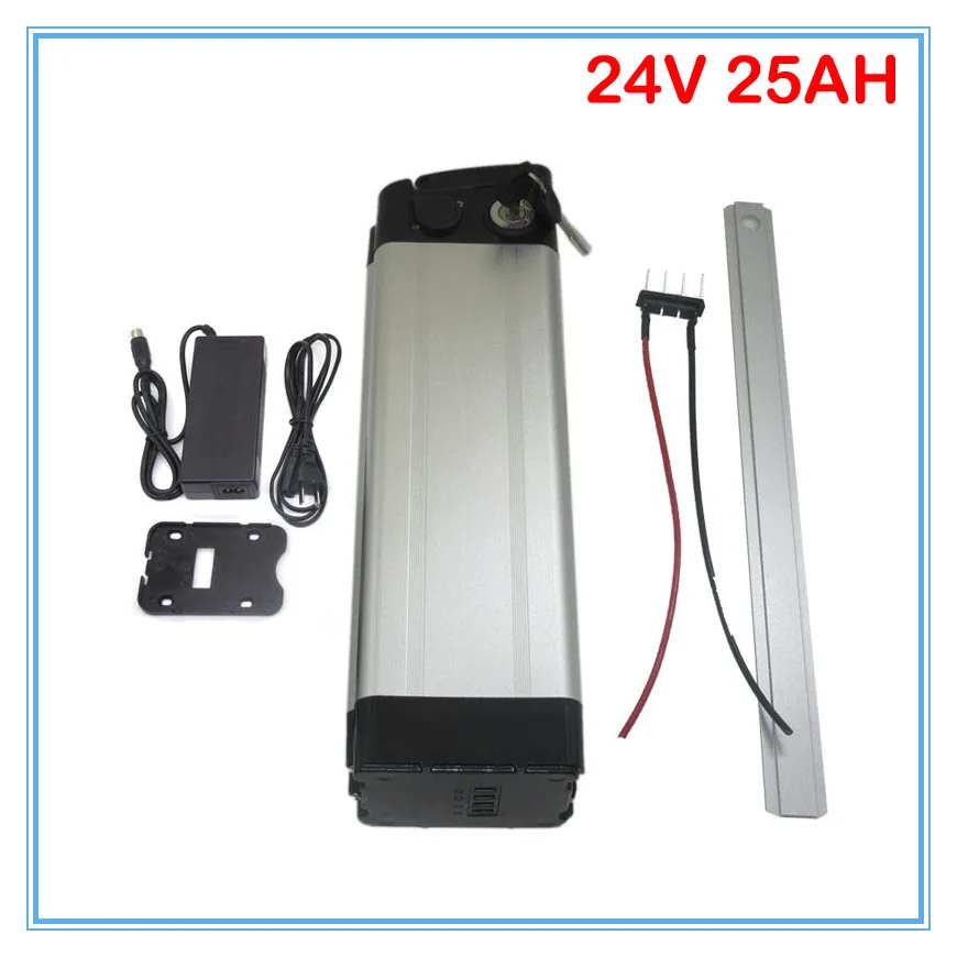 

Bottom discharge 700W Silver fish 24V 25AH lithium battery 24V ebike bike battery Use 3.7V 2500MAH Cell 3A charger 30A BMS