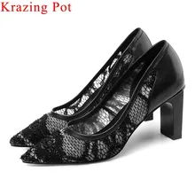 Krazing Pot/high street fashion Сетка толщиной Обувь на высоком каблуке без шнуровки с острым носком женские туфли-лодочки Большие размеры Пэчворк Повседневная обувь L13