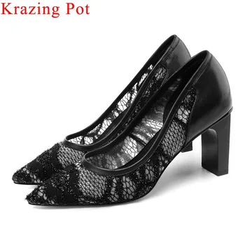 

Krazing Pot high street fashion mesh thick high heels slip on pointed toe women pumps big size patchwork design casual shoes L13