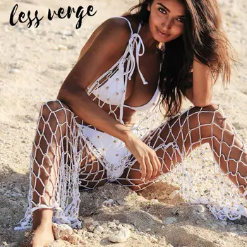 

lessverge Crochet beads white cover ups Sexy hollow out black jumpsuit women Solid mesh net beach summer bikini cover ups