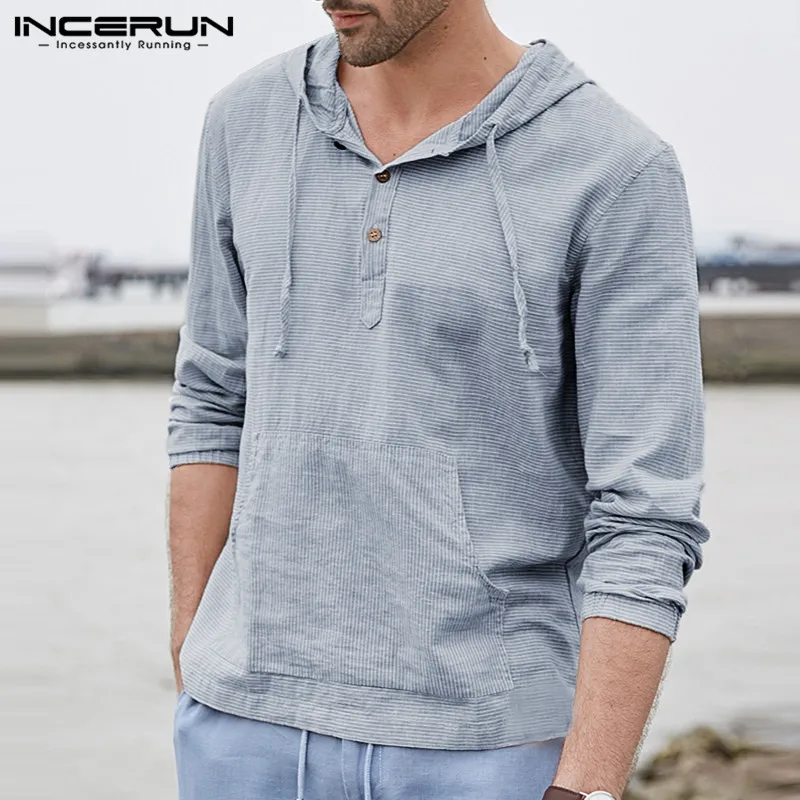 Ceny Męskie lniane koszulki z kapturem z długim rękawem kieszenie w paski regularny krój swetry bawełniane oddychające klasyczne koszulki Hiphop męska bluzka