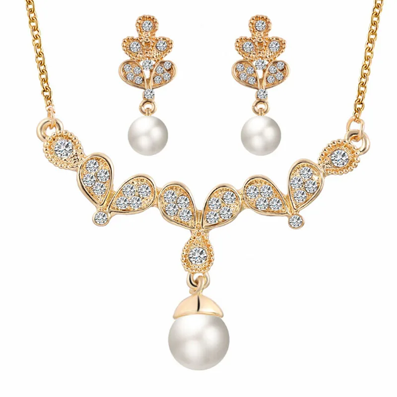 Gold Color Crystal Wing Jewelry Sets Women Zircon Butterfly Simulated Pearl Necklace Stud Earring Set For Wedding Bridal
