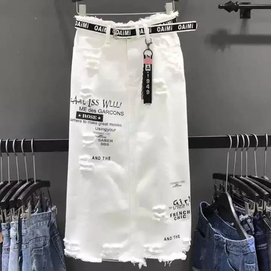 Размера плюс 5XL! Весенне-летняя джинсовая юбка, новая белая женская джинсовая юбка с дырками и буквами, посылка в стиле хип-хоп