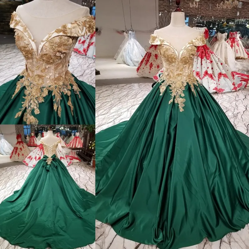 Dark Green Satin Wedding Dresses Pearls for Women Lace up