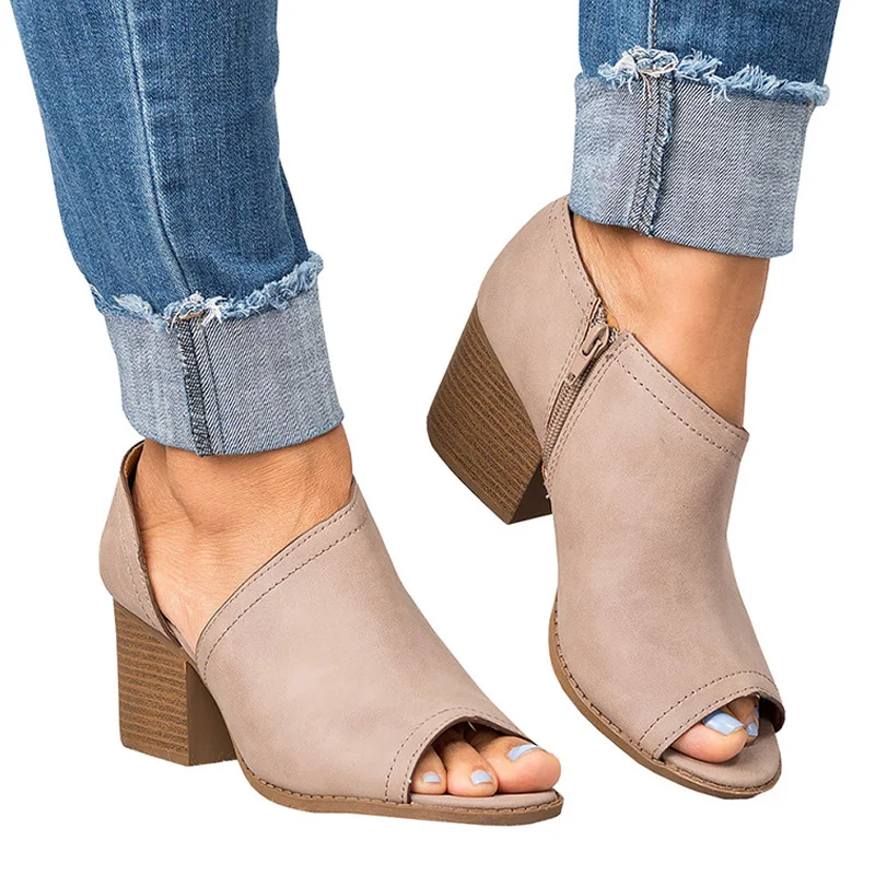 

Peep Toe Women Sandals Gladiator Ladies Sandals Middle Heels Summer Shoes Nude Women Shoes Hollow Lady Shoes Zipper Ankle Boots