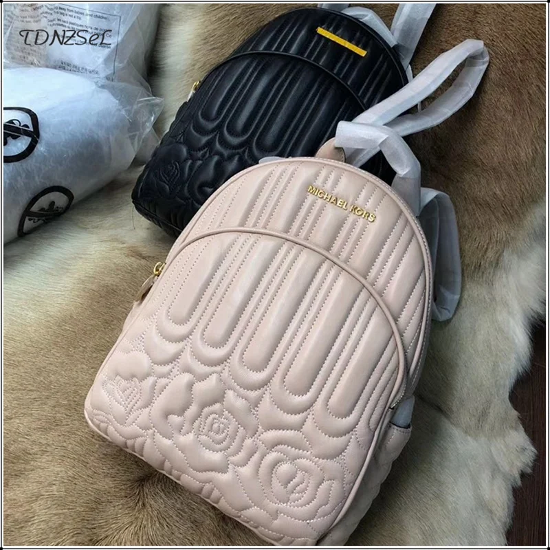 

2019 Spring New Lady MK Backpacks Women Genuine Sheepskin Leather Fashion Casual Brand Backpack Rose Embossing Solid Color