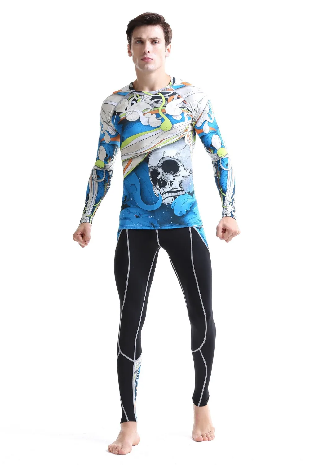

2017 sports clothing for men cycling base layer sets suits allover printed t-shirt+skulls print Tights mens clothing fitness