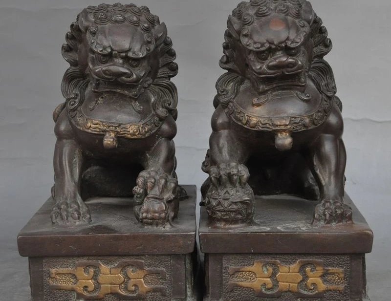 

8"chinese bronze fengshui fu foo dog lion beast Guarding palace door statue pair