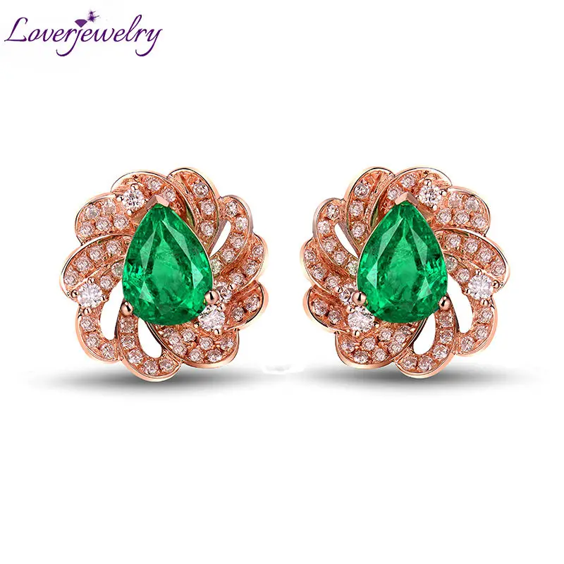 

Earrings Fashion Jewelry Pear 6x8mm Gemstone Solid 18Kt Rose Gold Green Natural Emerald Diamond Wedding Party Earrings For Women