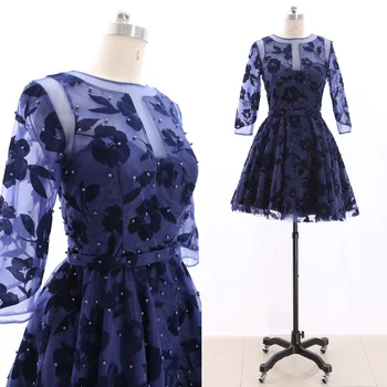 

MACloth Dark Navy Short O Neck Knee-Length Short Beading Tulle Prom Dresses Dress S 265818 Clearance
