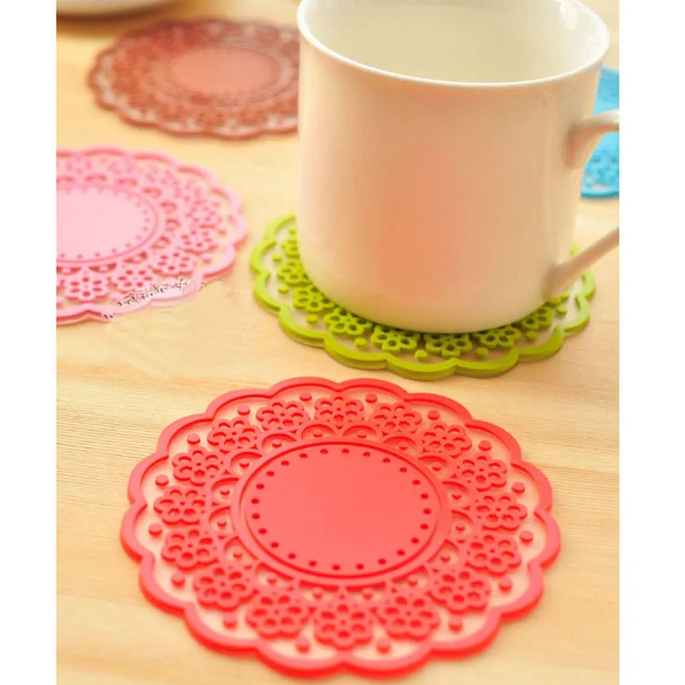 2pcs Coaster Silicone Button Mat Lovely Cute Insulation Coffee Cup Lace