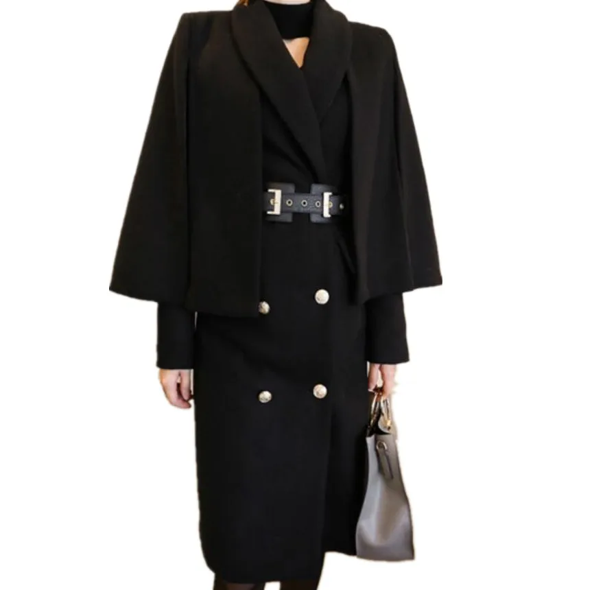 

Winter Women Wool blends Coats 2019 Fashion Ponchos and Capes Women Elegant double breasted long woolen Coats