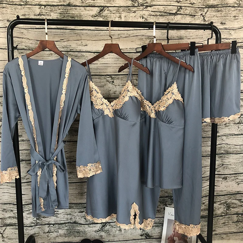 Пижамы для женщин, осень, 5 штук, набор пижам, атласный шелк, сексуальные, кружевные, для дома, обслуживание, с подушкой на груди, пижама, женская одежда для сна - Цвет: blue grey