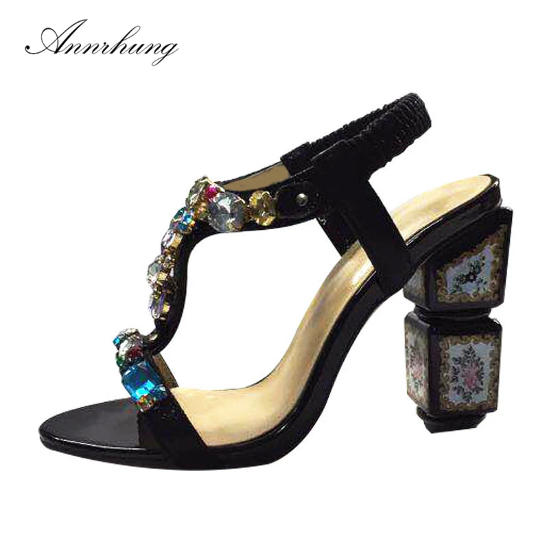 

Retro Colourful Jeweled T-strap Sandals Women Block Heel Summer Sandalias Rhinestone Floral Print High Heel Sandals For Women