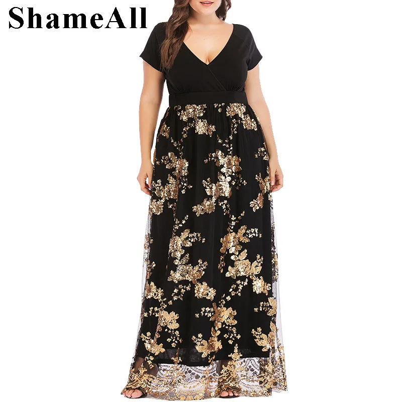 

ShameAll Plus Size 4Xl Sequined Floral Maxi Prom Women Dress Elegant Party Dresses Large Size 5Xl V-Neck Sparkly Robe Vestiods