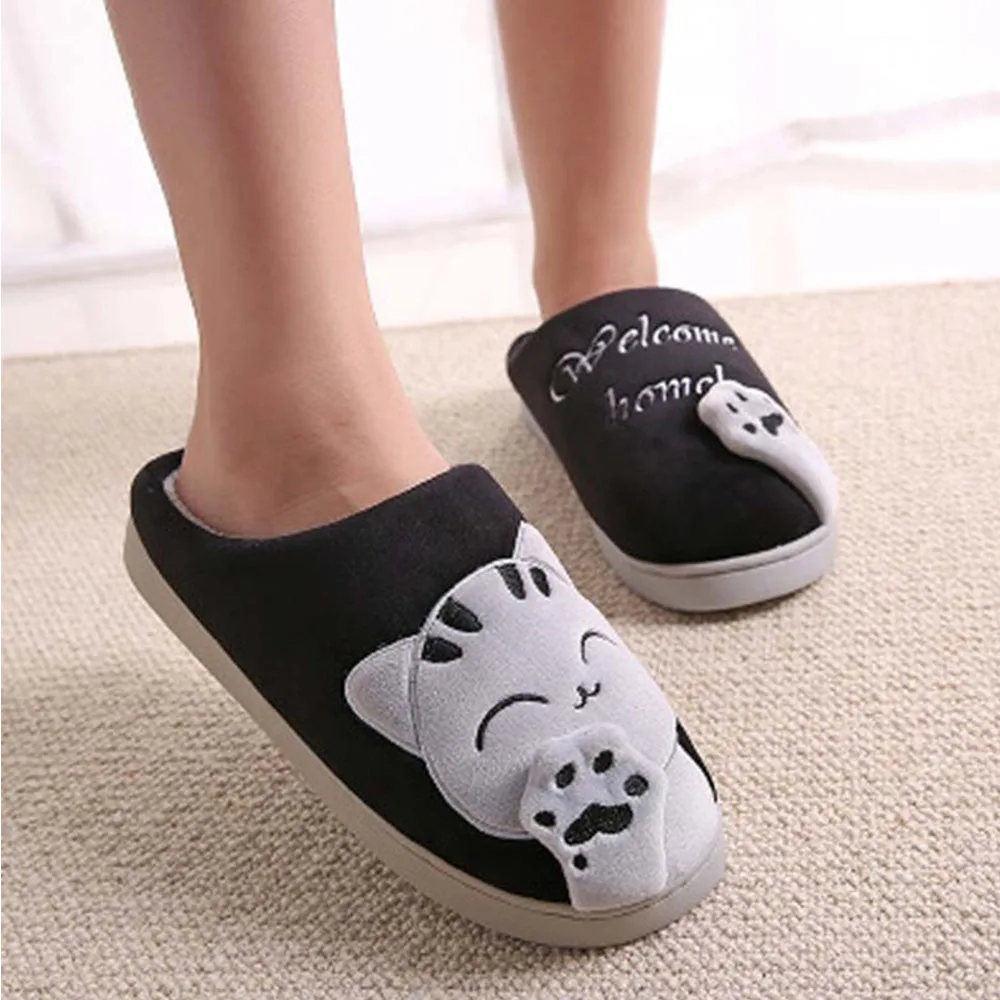JACKSHIBO/мужские тапочки с рисунком кота; зимние домашние тапочки с плюшевой подкладкой на плоской подошве; мужские тапочки; теплая домашняя обувь; zapatos hombre - Цвет: Black