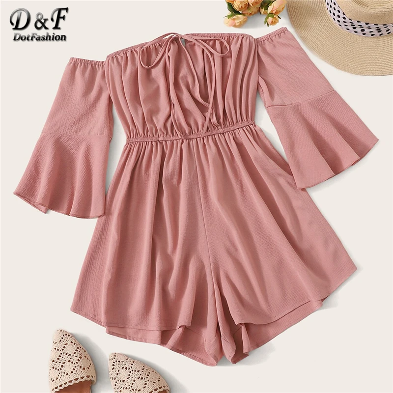 

Dotfashion Pink Solid Tie Front Off Shoulder Playsuit Women 2019 Summer Casual Flounce Sleeve Ladies High Waist Wide Leg Romper