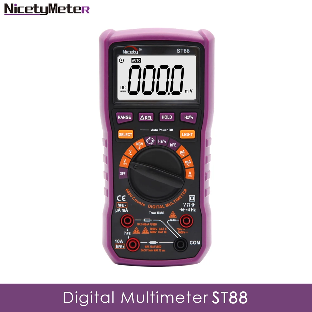 

Nicetymeter ST88 6000 counts DMM Resistance Capacitance multimeter 10A 1000V Auto Range True RMS Digital Multimeter handheld